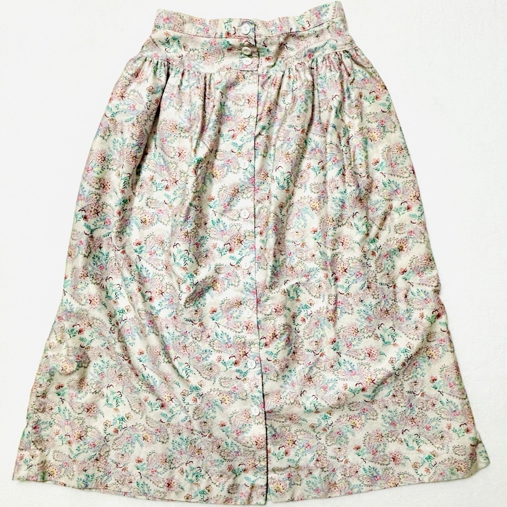 Susan Bristol Vintage White Paisley Button Front Midi Skirt Pockets Size 10 USA